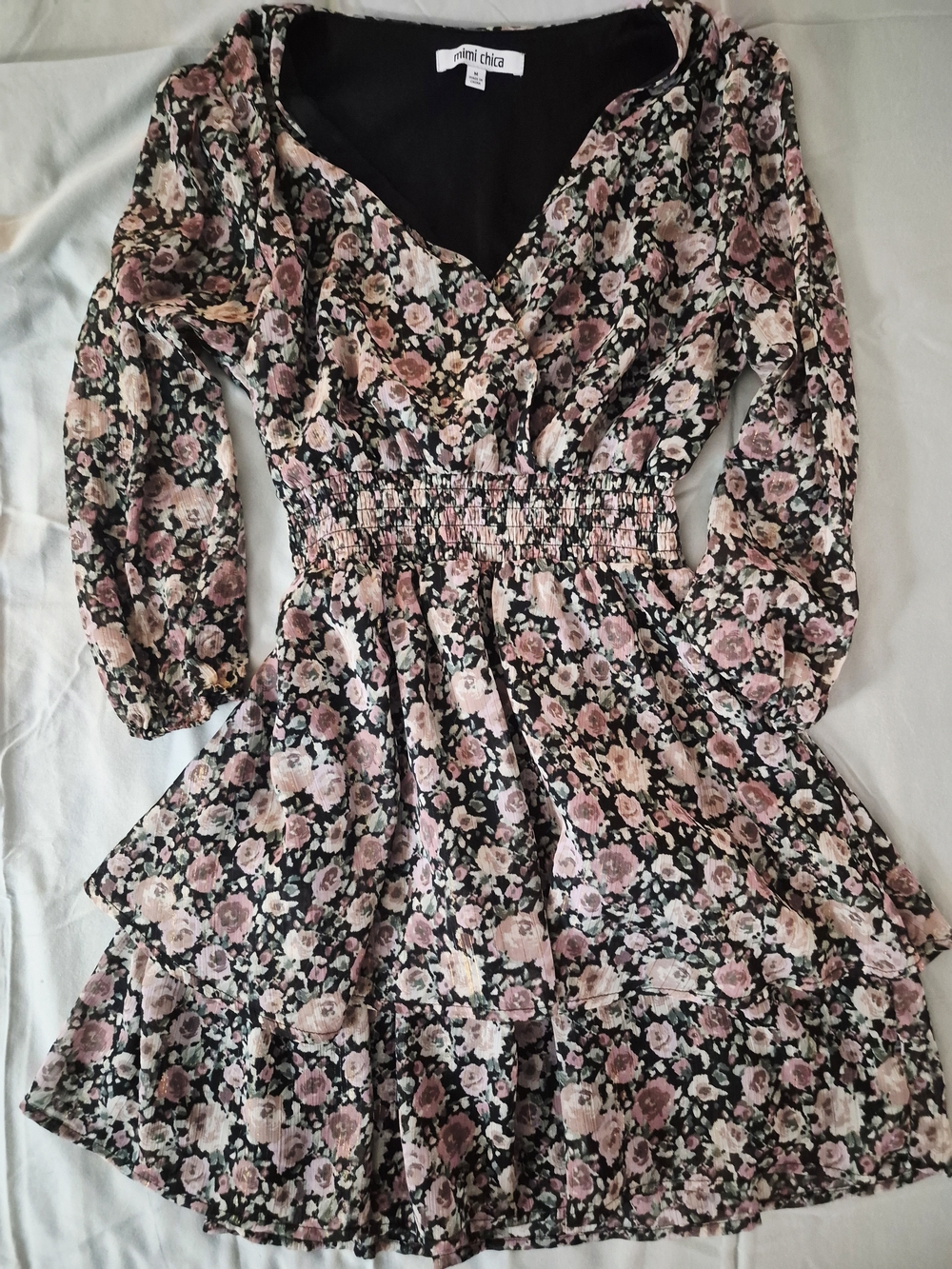 Mimi Chica Black Floral Smocked Waist Dress - Pink Rose Print
